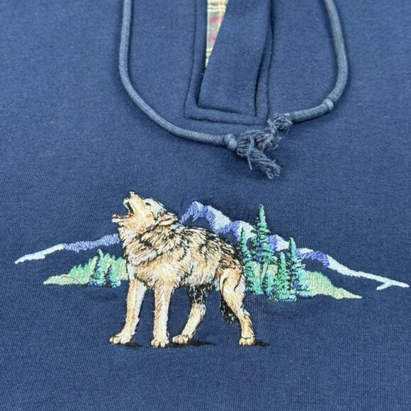 Vintage 90s Habitat Wilderness Hoodie M Embroidered Wolf Plaid Lined Hood Navy - Picture 15 of 16